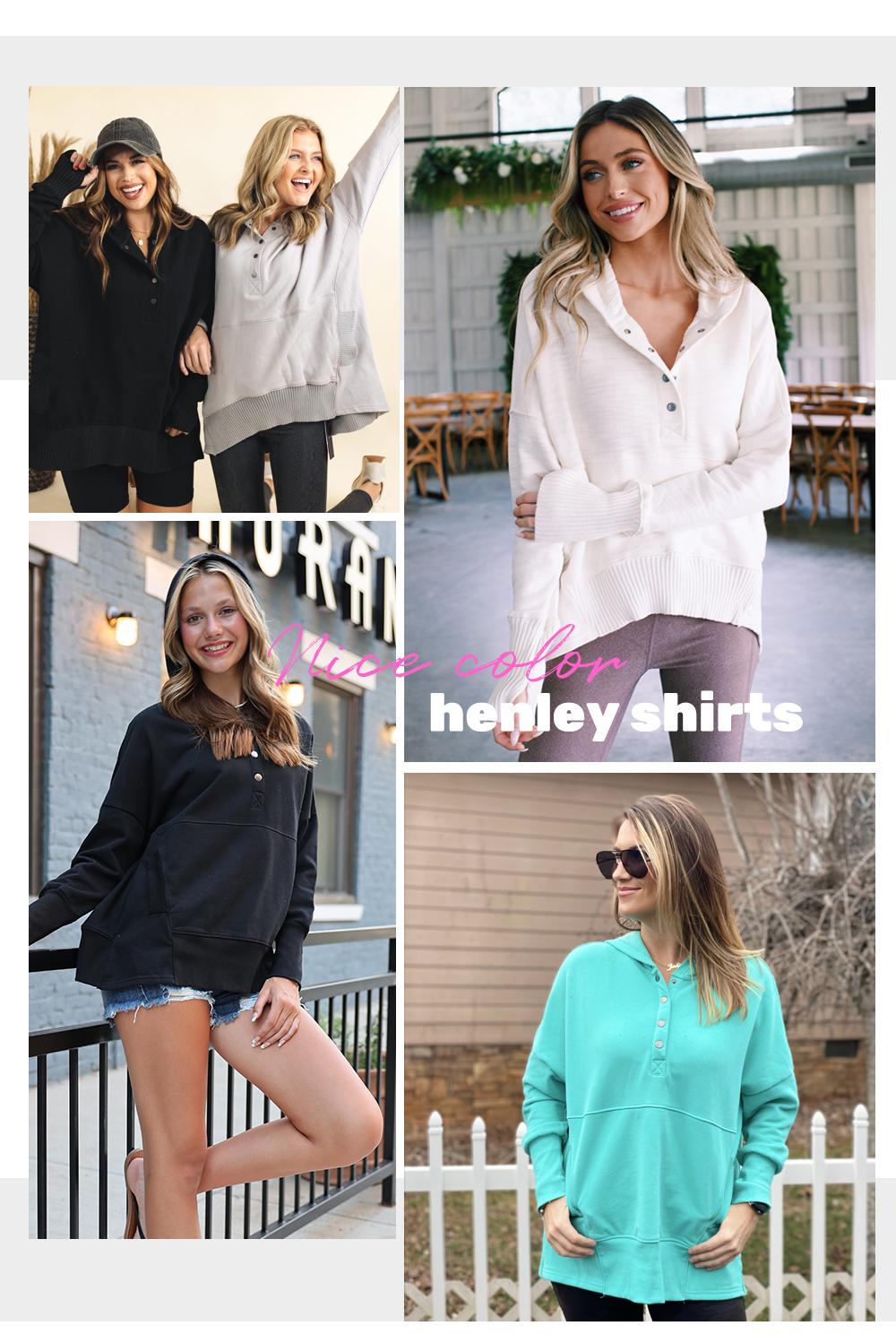 EVALESS Women's Casual Oversized Sweatshirts Hoodies Basic Button V Neck Long Sleeve Hooded Cotton Breathable Henley Pullover Tops 2026 Womenswear Winter Fall Outfits Clothes with Pockets