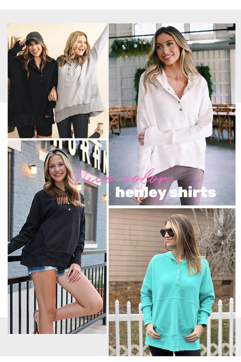 EVALESS Women's Casual Oversized Sweatshirts Hoodies Basic Button V Neck Long Sleeve Hooded Cotton Breathable Henley Pullover Tops 2026 Womenswear Winter Fall Outfits Clothes with Pockets