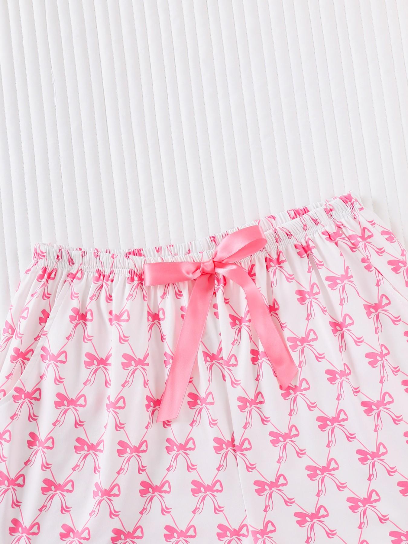 Women's Two-Piece Sleepwear Set, Bow Full-Print Design, Soft & Smooth Fabric, Casual Fitted Style, All Season Comfortable Wear