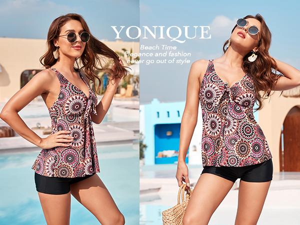 Yonique Women Two Piece Flowy Tankini Swimsuits with Boyshorts V Neck Swim Tank Tops Bathing Suits Modest Swimwear
