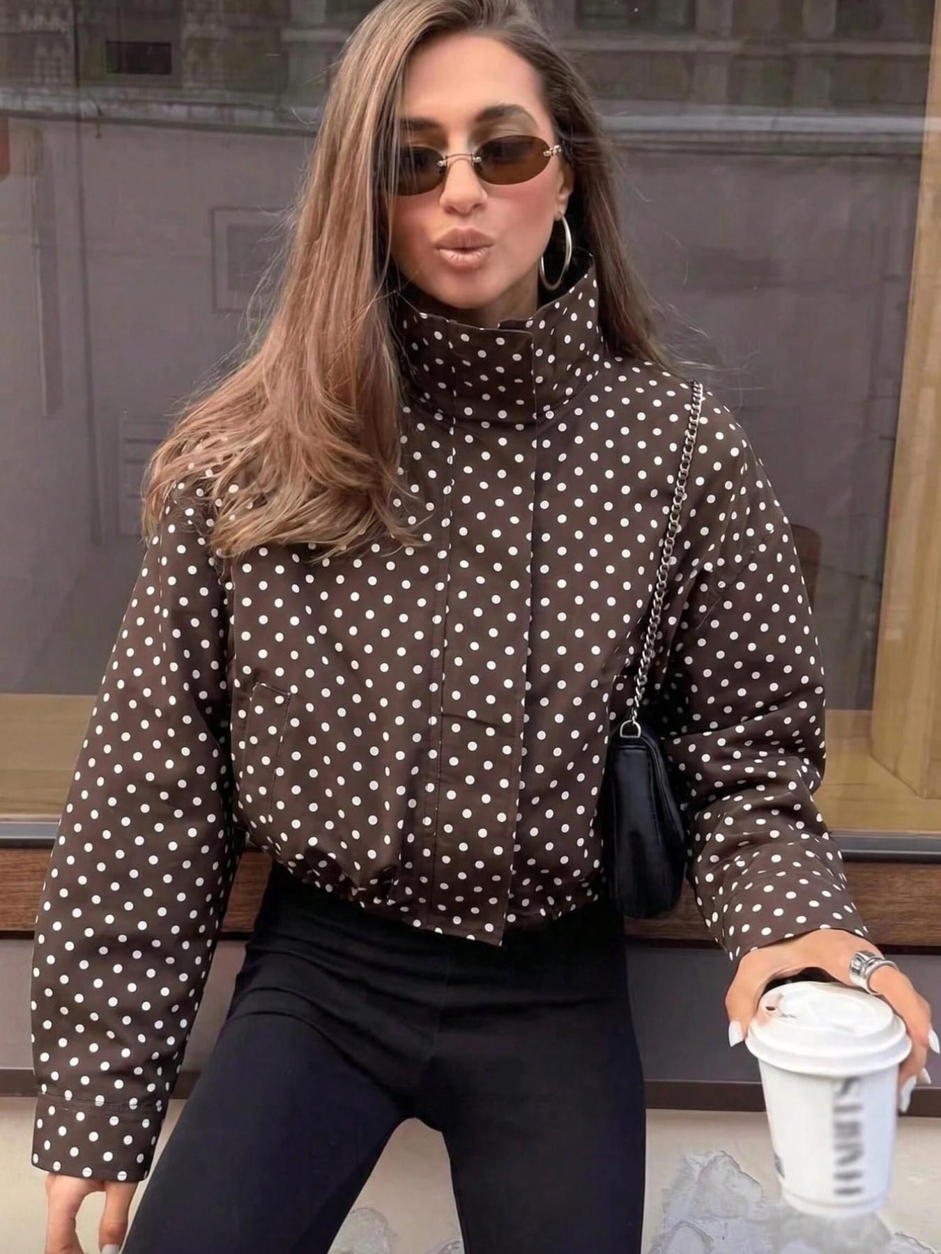 Women's New Aesthetic Polka Dot Pattern Adjustable Drawstring Jacket, Retro Zipper Long Sleeve Stand Collar Outerwear for Everyday Wear, Casual Fashionable Jacket, Streetwear