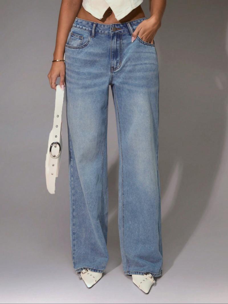Women's Elastic Comfortable Wide Leg Jeans, Trendy Versatile Casual Fashion Denim Jeans, Fitted Plain Style for All Seasons