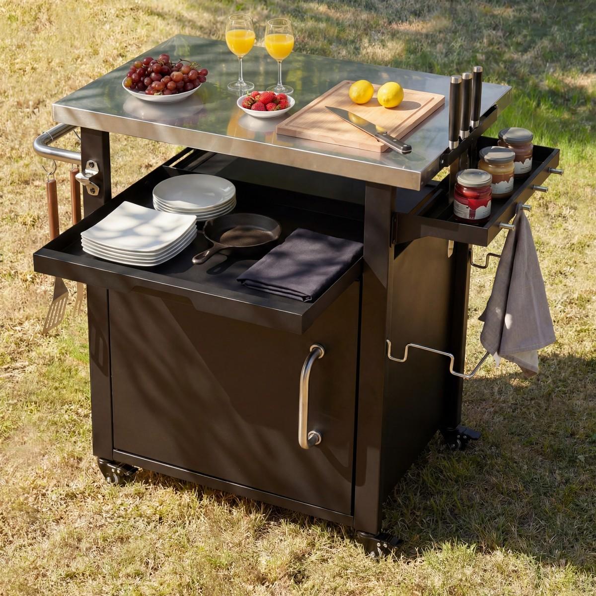 39.5" Outdoor Grill Cart with Storage Cabinet, Outdoor Bar Cart Pizza Oven Table with Wheels, Stainless Steel Top, Outdoor Kitchen Island with Spice & Paper Rack for BBQ, Waterproof Cover Included 39.5" Outdoor Grill Cart with Storage Cabinet, Outdoor Bar Cart Pizza Oven Table with Wheels, Stainless Steel Top, Outdoor Kitchen Island with Spice & Paper Rack for BBQ, Waterproof Cover Included