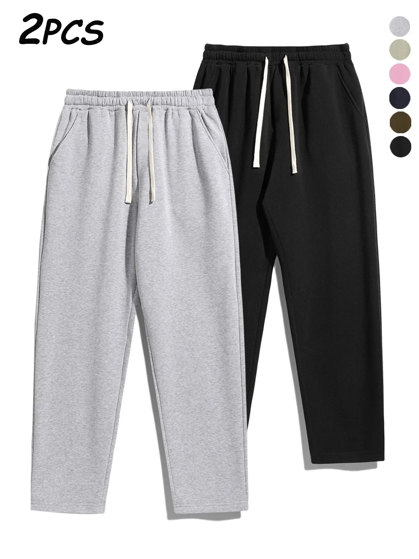 Men's Fleece Lined Casual Sweatpants, High Waist Drawstring Elastic Waist, Loose Fit Long Pants, Plain Colors, Fall & Winter Streetwear, Knitted Sports Pants