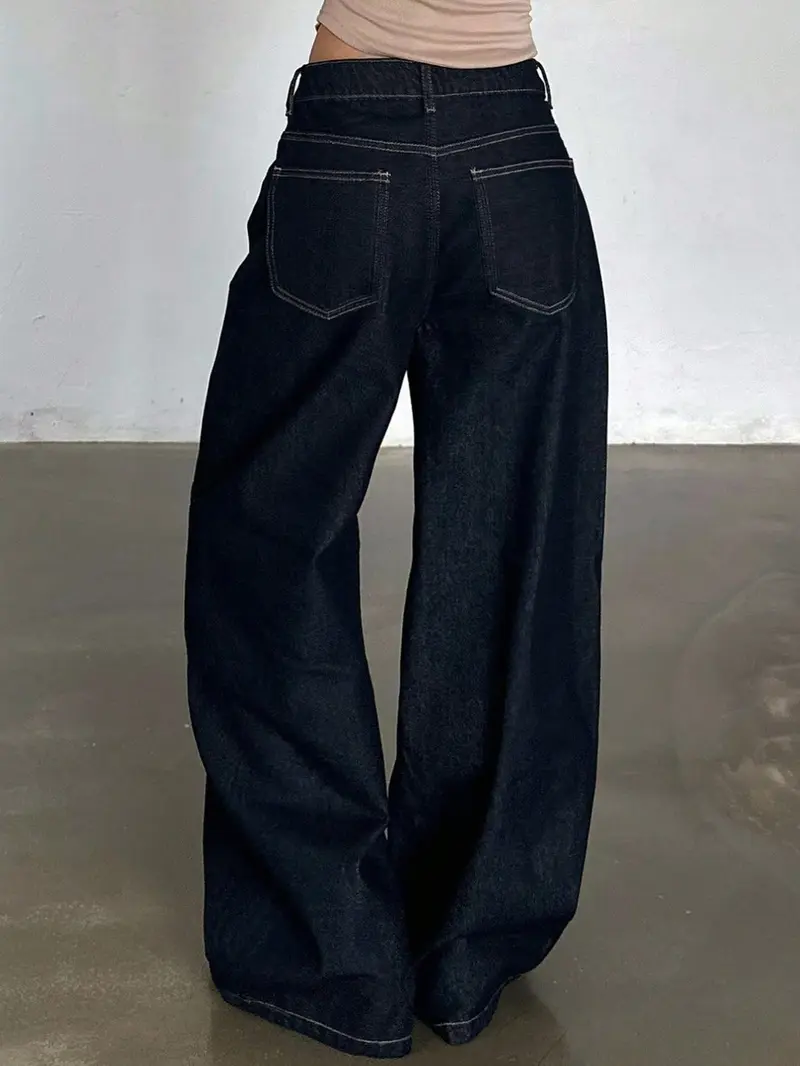 High Waist Dark Wide Leg for Women, American Street Style, Loose Fit, Long Streetwear Denim Pants with Multiple Pockets, All Seasons