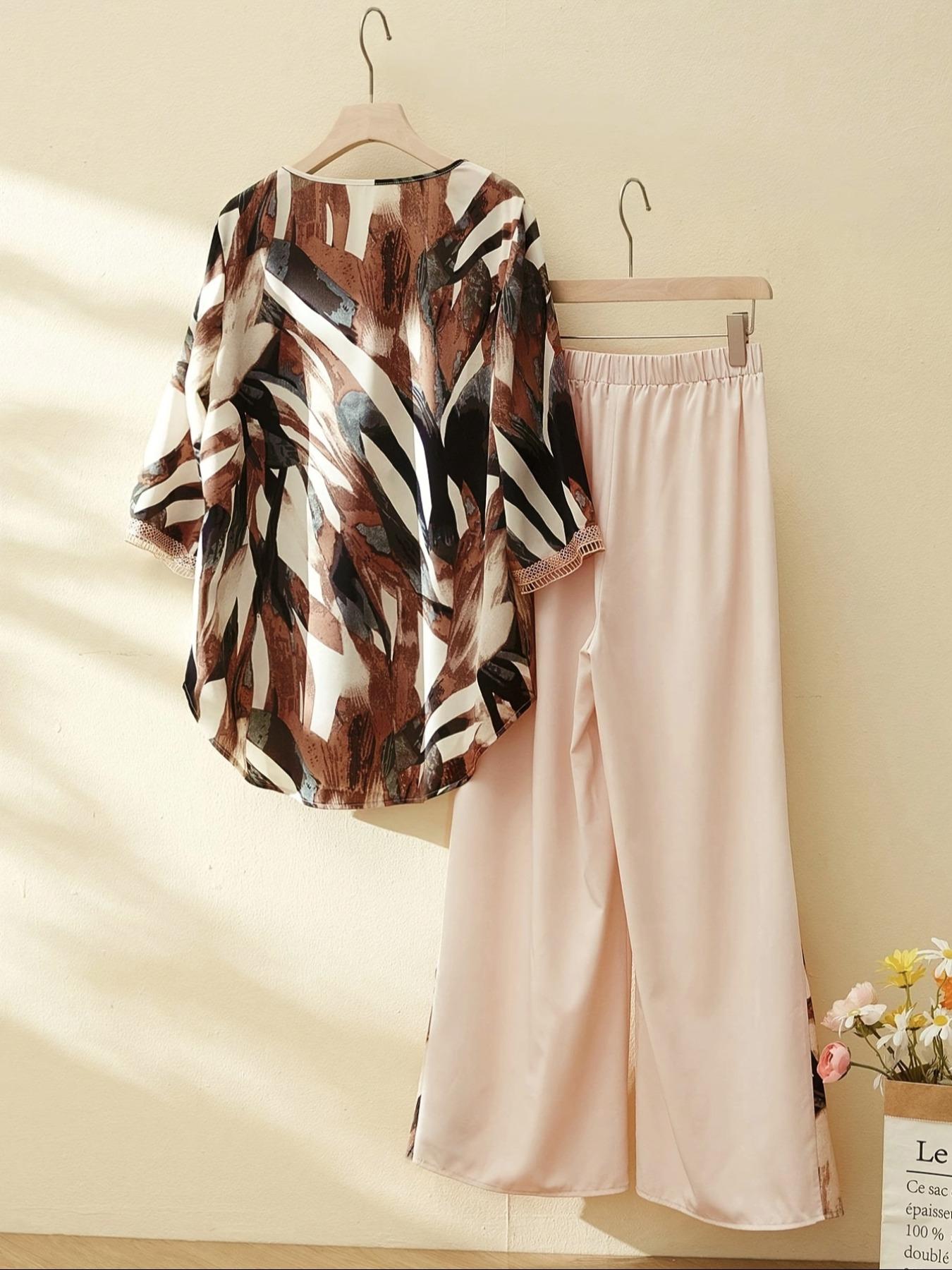 New V-Neck Geometric Pattern Straight Leg Wide-Leg Pants Set, Casual Comfortable Fitted Vacation Outfit, Women's Fashion Clothing