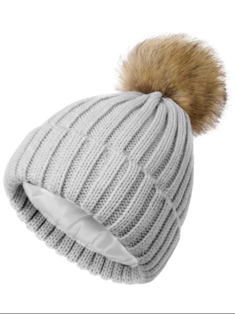 Unisex Plain Striped Beanie Hat, Satin Lined Knit Cap with Pom Pom, Warm Comfortable Windproof Winter Accessory, No Tag Design, Knitted Winter Hat