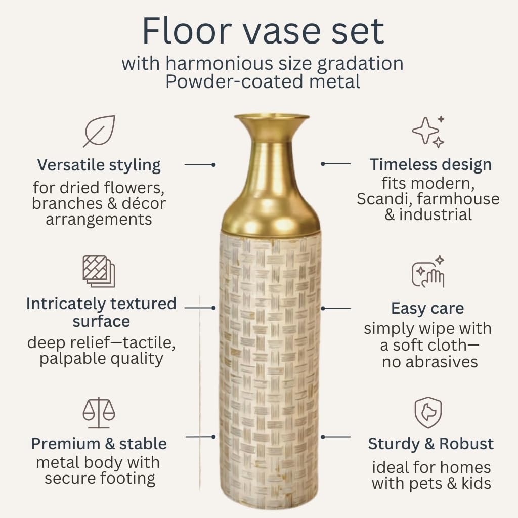 Floor Vase Set (2) with Removable Lid - Large Tall Decorative Vases in Metal, , 21/16? - Modern  Decor for Living Room, Hallway, Fireplace & Office - for Pampas Grass & Dried Stems