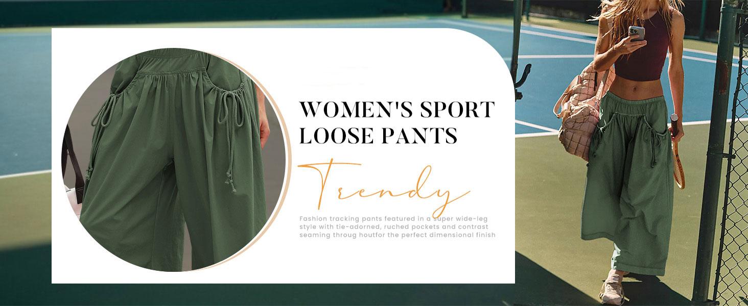 UANEO Women's Loose Wide Leg Track Pants Boho Sport Style Drawstring Pockets Elastic Waist Capri Hiking Parachute Pants Womenswear Casual