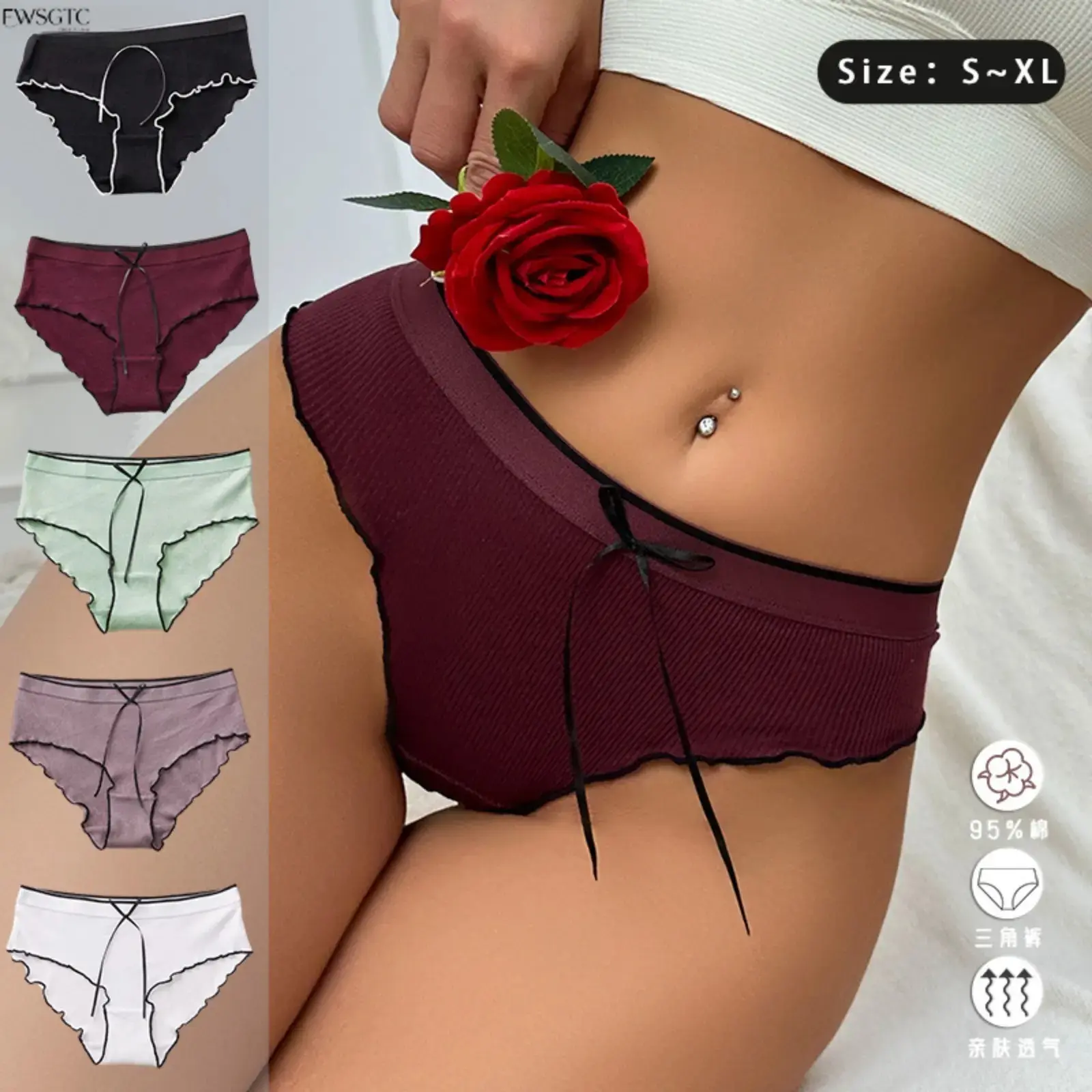 5‑Pack Women Ribbed Mid‑Rise Brief Multipack, Ruffled Trim Bow‑Tie Decor Soft Stretch Panties, Breathable Skin‑Kind Cotton‑Lined Intimate Undergarments, No‑Pinch Light‑Weight Cozy Underpants For Daily Commute Lounging All‑Day Casual Wear