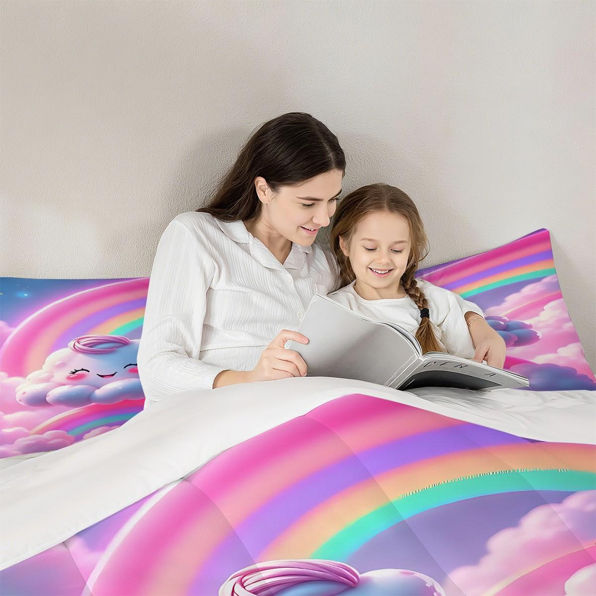 2/3 Dreamy and Cute Style Comfortable Comforter Set, Using Cute Cloud Printed Quilted Bedding Set, Soft and Breathable, Creating A Dreamy Atmosphere for A Girlish Bedroom. Includes 1 or 2 Pillowcases (Excluding Pillow Core).