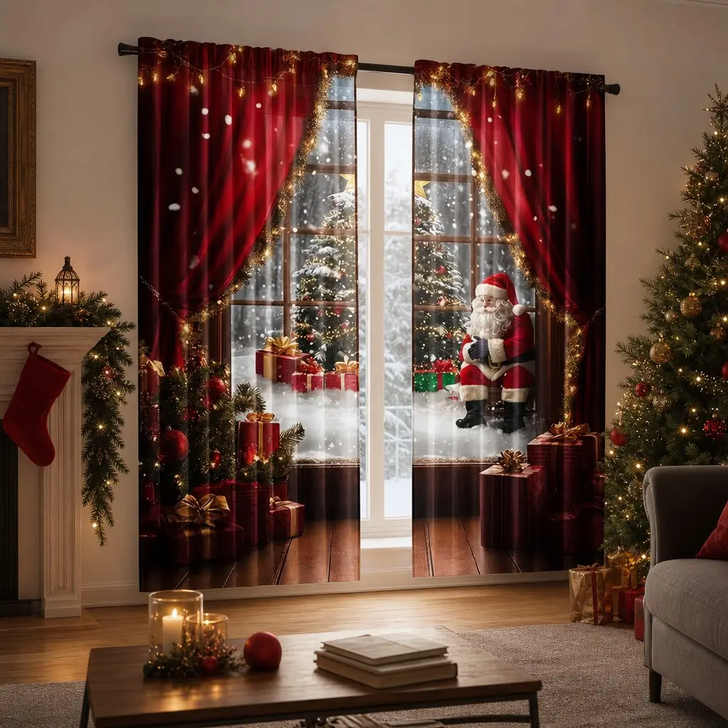 Christmas Santa Claus 2D Print Curtains, 2-Pack with Rod Pockets, Polyester Material, Ideal for Living Room, Bedroom, Kitchen, Holiday Decor