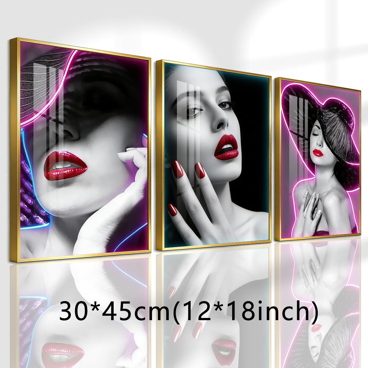 3 Counts Aluminum Alloy Framed Painting, Neon Beauty Portrait Art With Red Lips And Nails, Home Decoration For Living Room, Bedroom, Office, Restaurant, Hallway Wall Decor, Odorless Print Artwork, Luxury Perfect Gift For Friends And Family