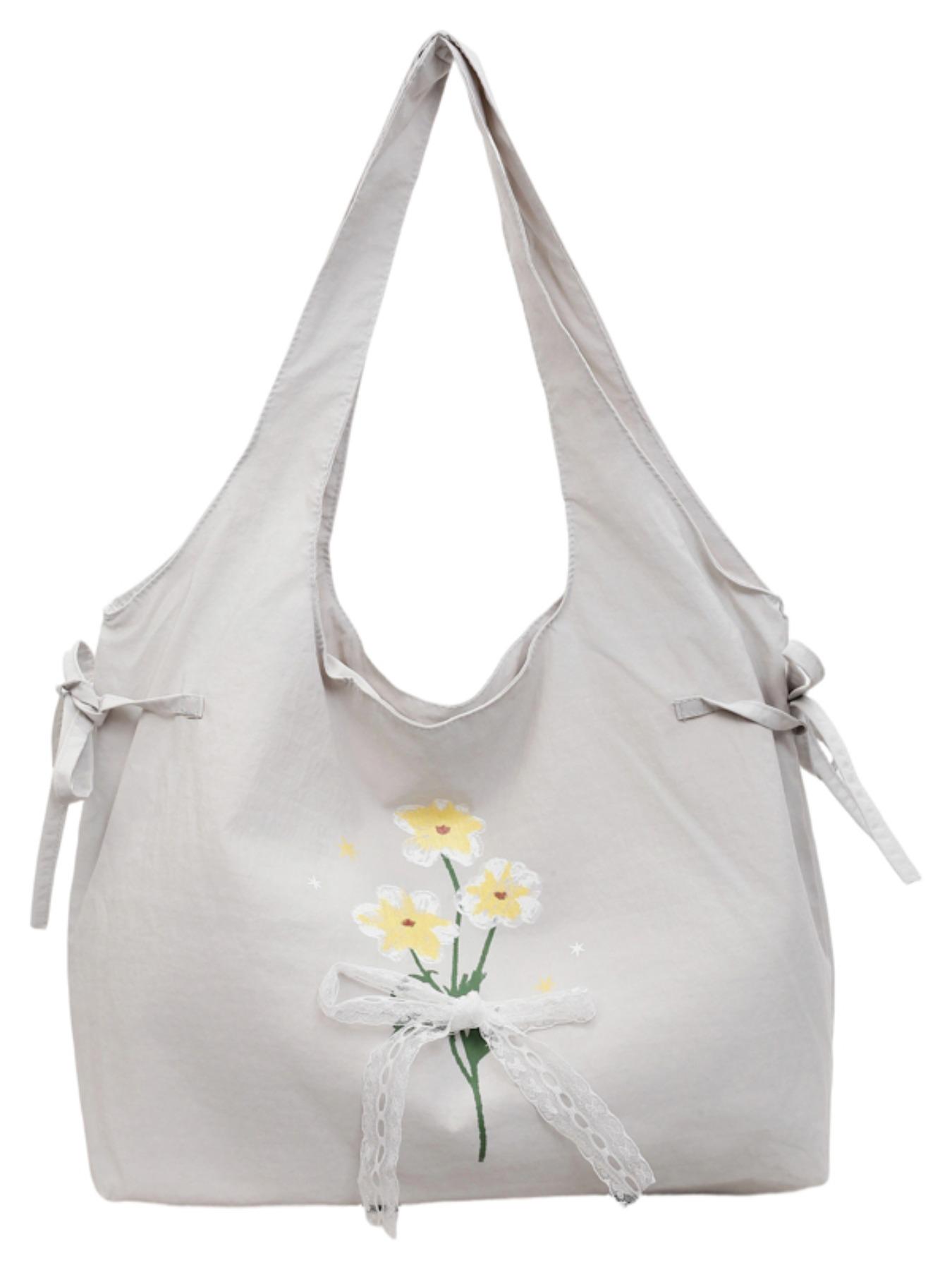 Lightweight Nylon Tote Bag, Floral Butterfly Knot Design, Casual Sweet Shoulder Bag, Ideal for Shopping and Daily Use, Perfect for Students