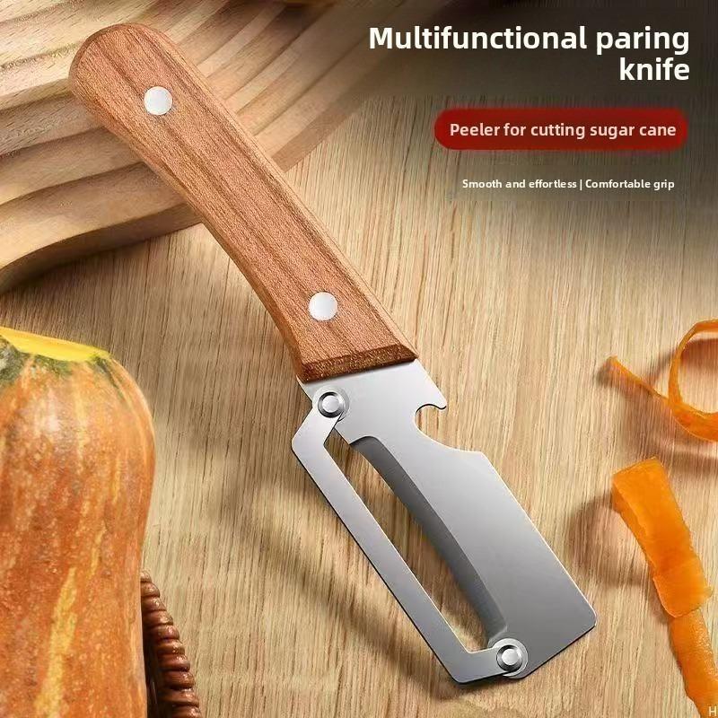 Kitchen Multi-Functional Wooden Handle Stainless Steel Thick Fruit Peeler Knife, Ideal for Sugarcane and Pineapple Peel Tool