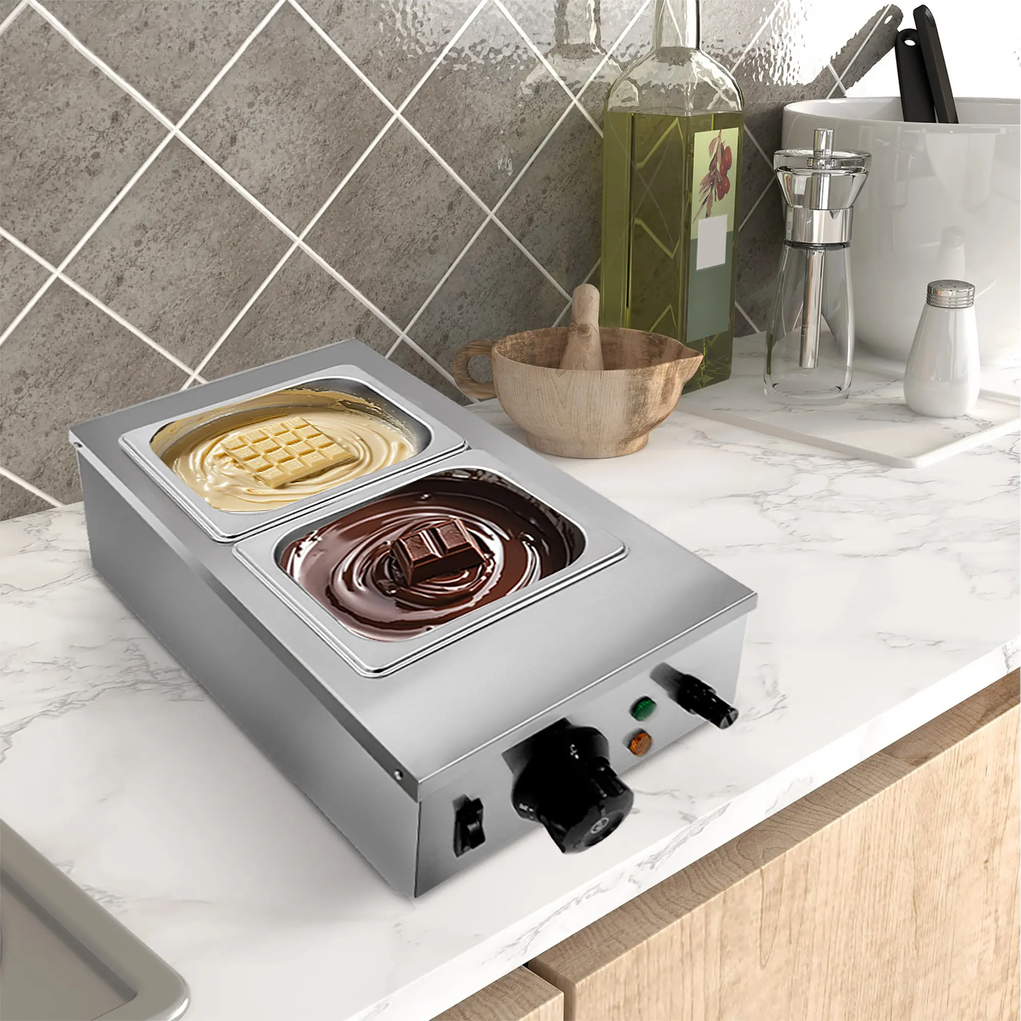 2-Tank Stainless Steel Chocolate Melting Machine, 800W Commercial Food Warmer with Temperature Control