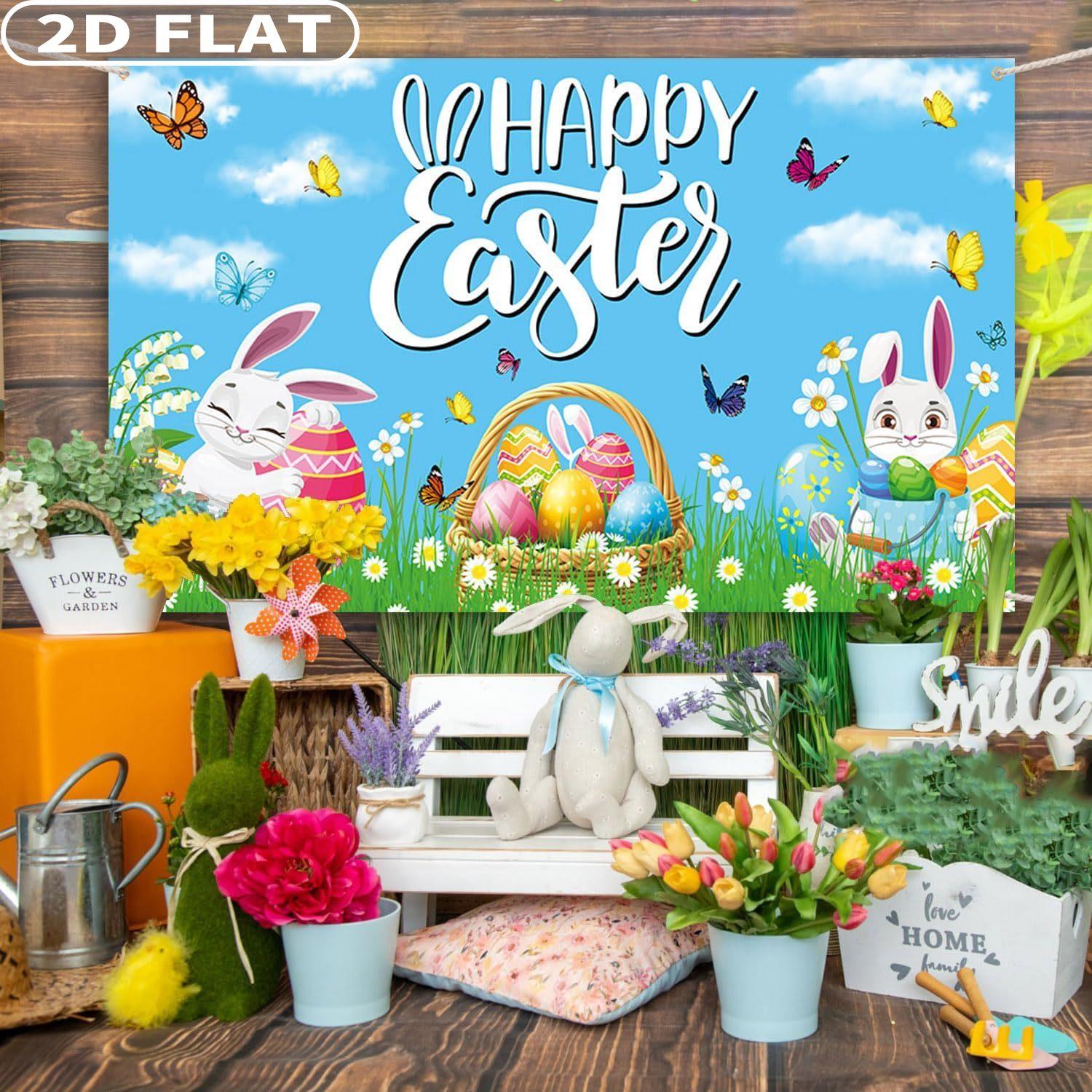2D FLAT 1 Count Studio Props Happy Easter Backdrop Banner, Multiple Sizes Durable Polyester Fabric Colorful Flower Eggs Spring Bunny Grassland Theme Easter Decorations Party Supplies for Photo shoot Happy Easter's Day Party Decor