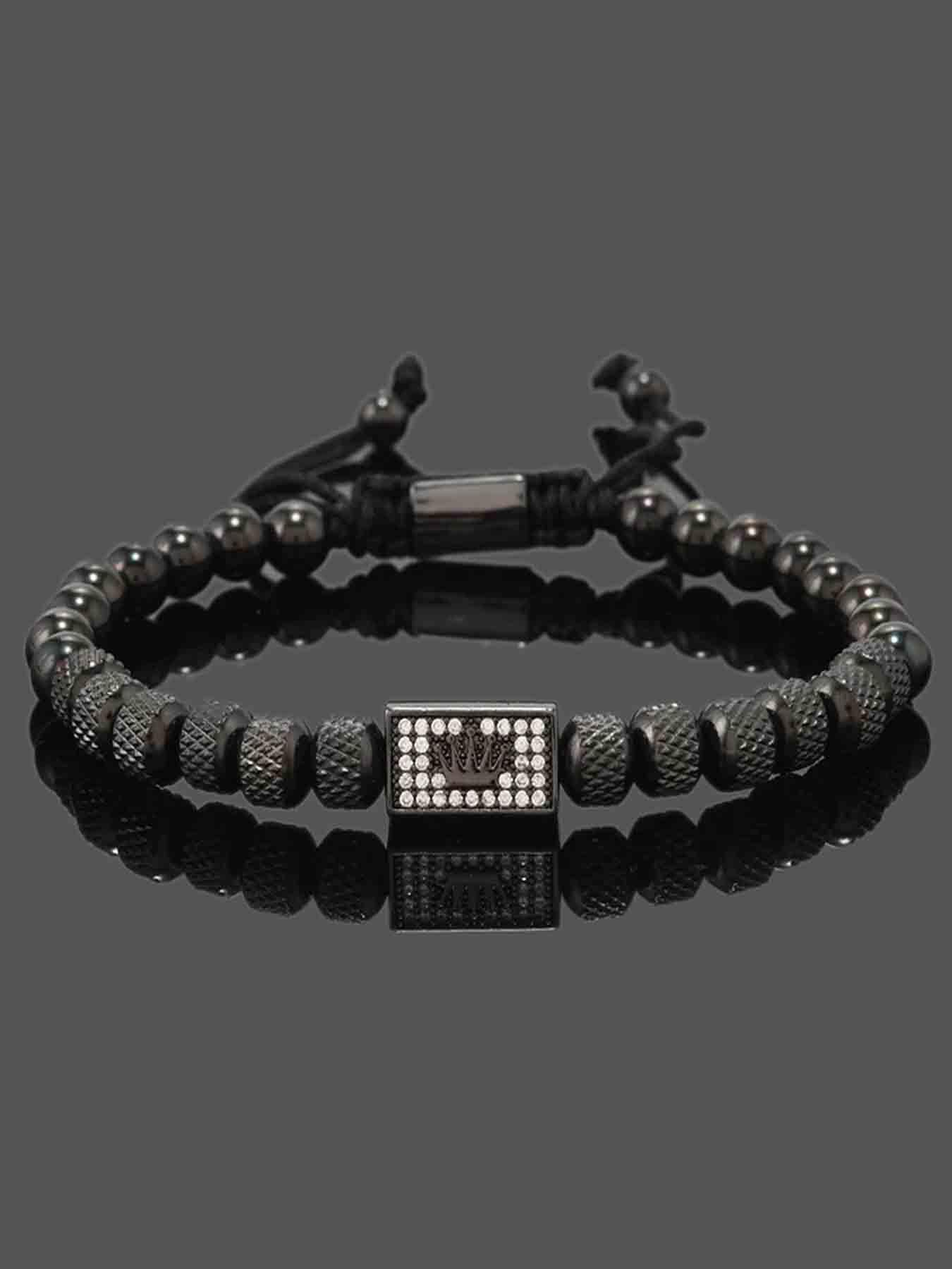 Vintage Stainless Steel Beaded Zircon Crown Handwoven Bracelet, Casual Versatile Men's Trendy Party Adjustable Bracelet, Beaded Bracelets