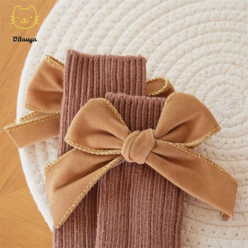 4-Pack Baby Girls' Combed Cotton Knee High Socks for 0-5 Years Infants Toddlers, Bow Accent, Ruffled Tube Stockings, Smooth Seams