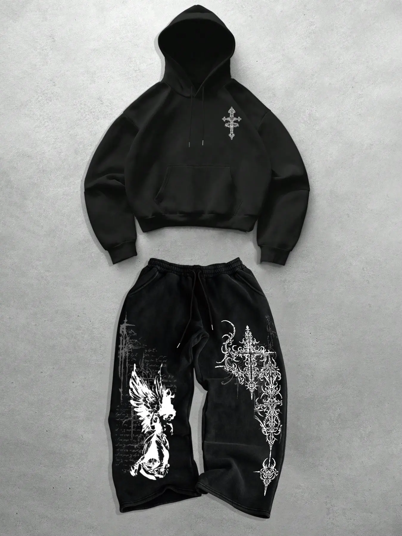 Men's Two-Piece Fashion Casual Set, Letter & Cross & Angel Print Hooded Sweatshirt and Drawstring Wide Leg Pants, Fall Winter Streetwear