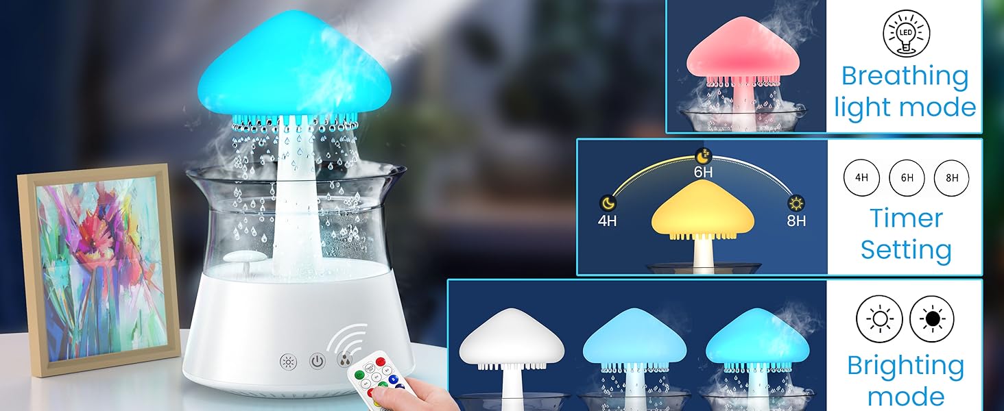 Raining Cloud Aromatherapy Diffuser – A Calming White Noise Humidifier with Micro Rainfall Effect and Multi-Color LED Clouds. Ideal for Deep Sleep, and Mood Enhancement. Features an Adjustable Timer, Essential Oil Compatibility, perfect Christmas Gift.