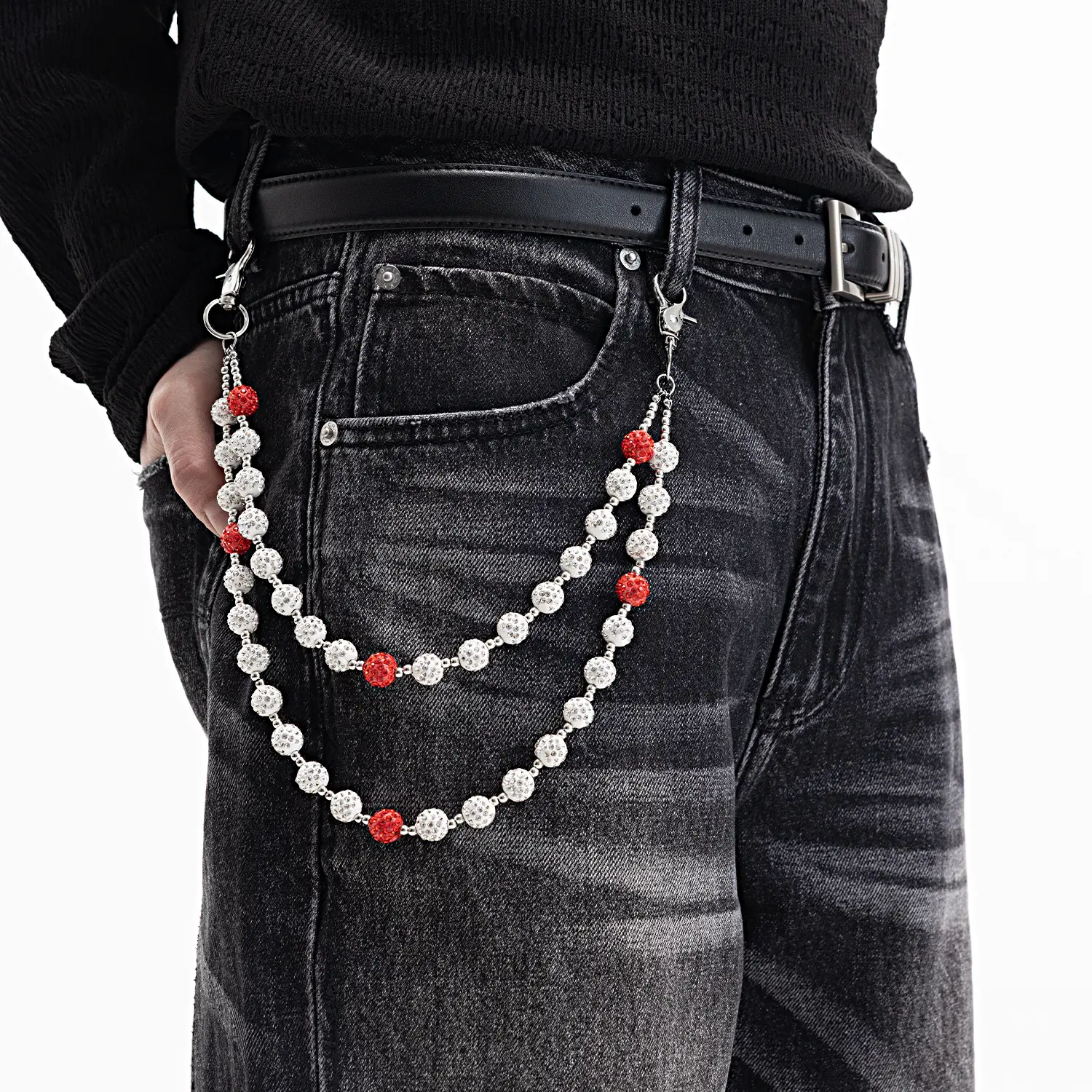 Unisex Ball Shape Rhinestone Double-Layer Stainless Steel Beaded Pants Chain, Y2K Hip Hop Casual Fashion Accessory with Double Snap Hooks, Gift for Concert Festival