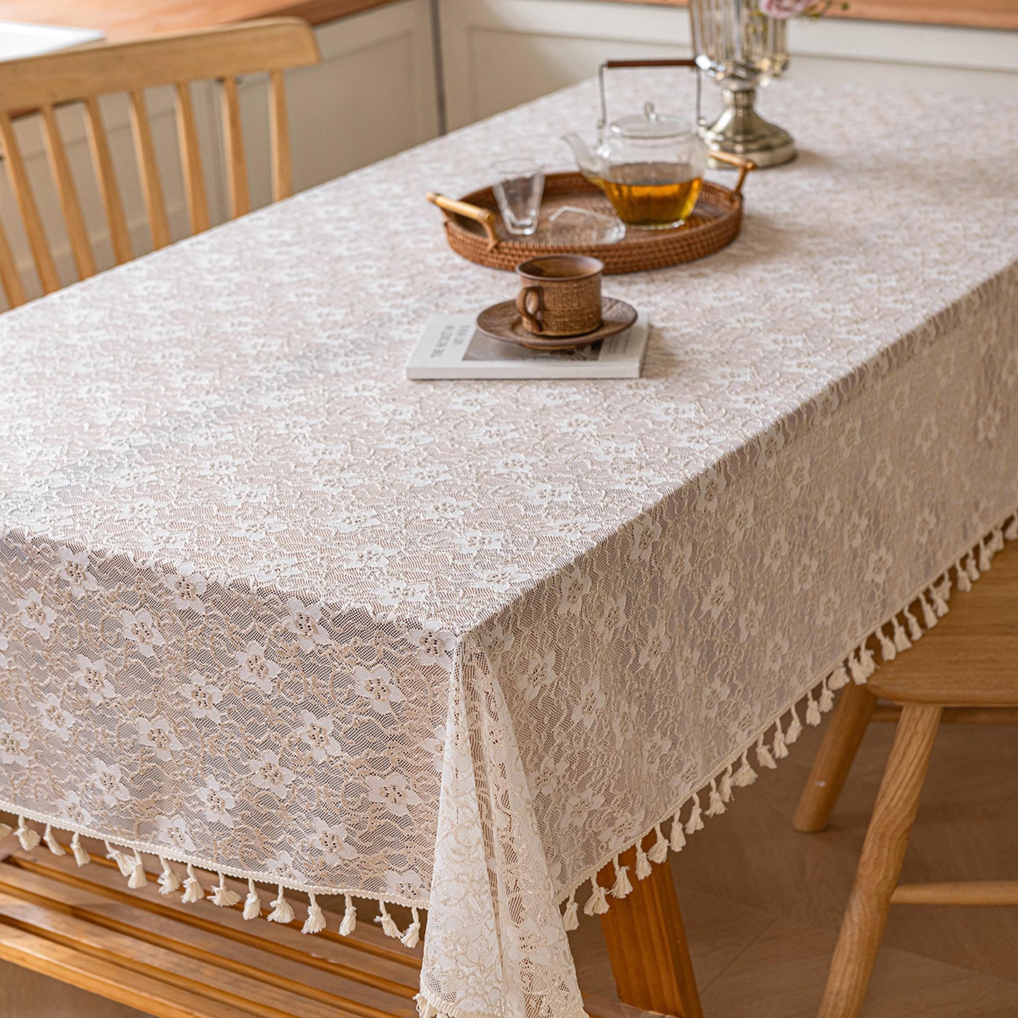 1pc Rustic Lace Fringe Tablecloth, Square Rectangle Camellia Cutout, Vintage Farmhouse Style, European French Retro Design