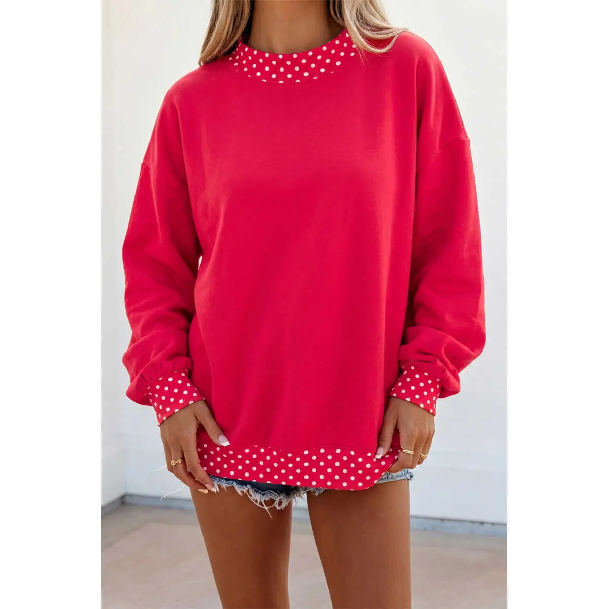 Women's Casual Oversized Tunic Sweatshirt - Red Colorblock, Polka Dot, Contrast Trim, Patchwork Fabric, Stylish Sleeves, Lightweight, Long Sleeve