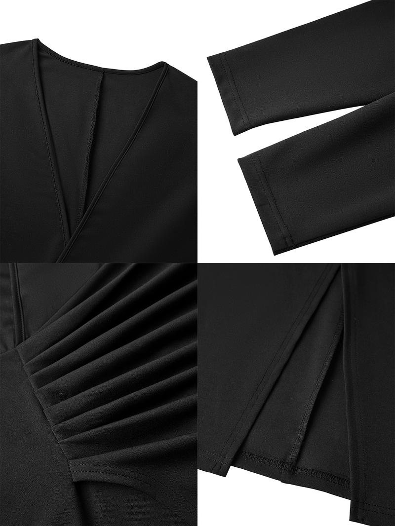 Elegant Solid Color Maxi Dress, Deep V Neck Long Sleeve Bodycon High Waist Split Hem, Plus Size Women's Fall Fashion Party Dress