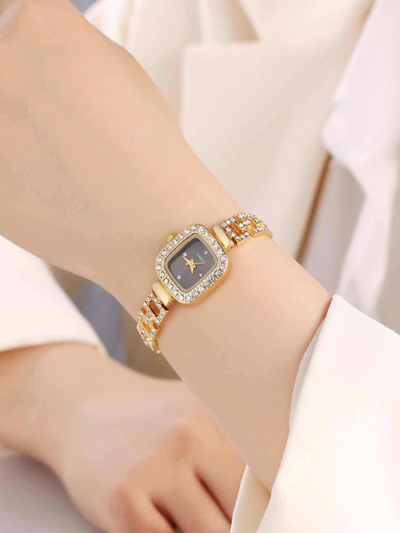 Women's Square Rhinestone Decorative Watch, Crystal Dial, Elegant Style Quartz Watch, Elegant Design, Suitable for All Seasons, Fashionable Watch