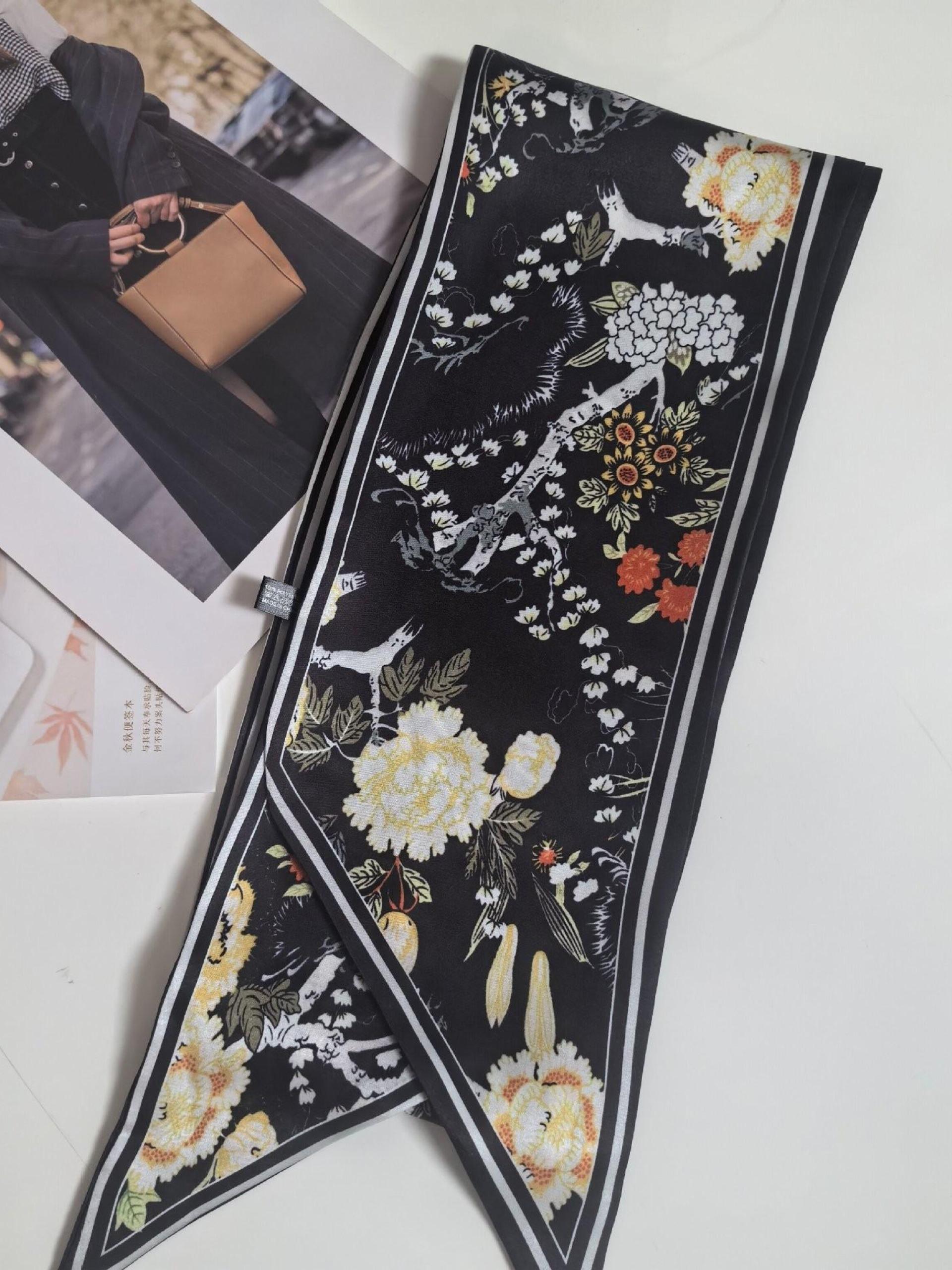 Women's Reversible Silk Scarf, Long Strip Necktie, Dual-Sided Floral Print, Versatile Fashion Accessory, All Seasons Boho Style