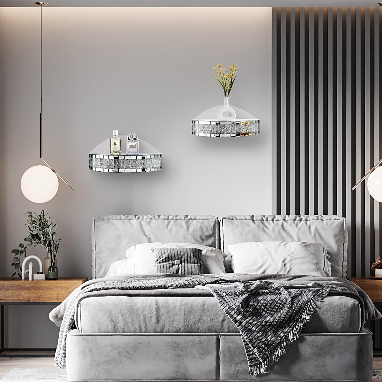 1Pc Semicircular Mirrored Floating Shelves for Wall Decor Storage, Glamorous Crystal Crush Diamond Decorative Wall Shelf, Glitter Glass Wall Mounted Shelves for Bedroom, Living Room, Bathroom, Kitchen, Office and More,  Silver
