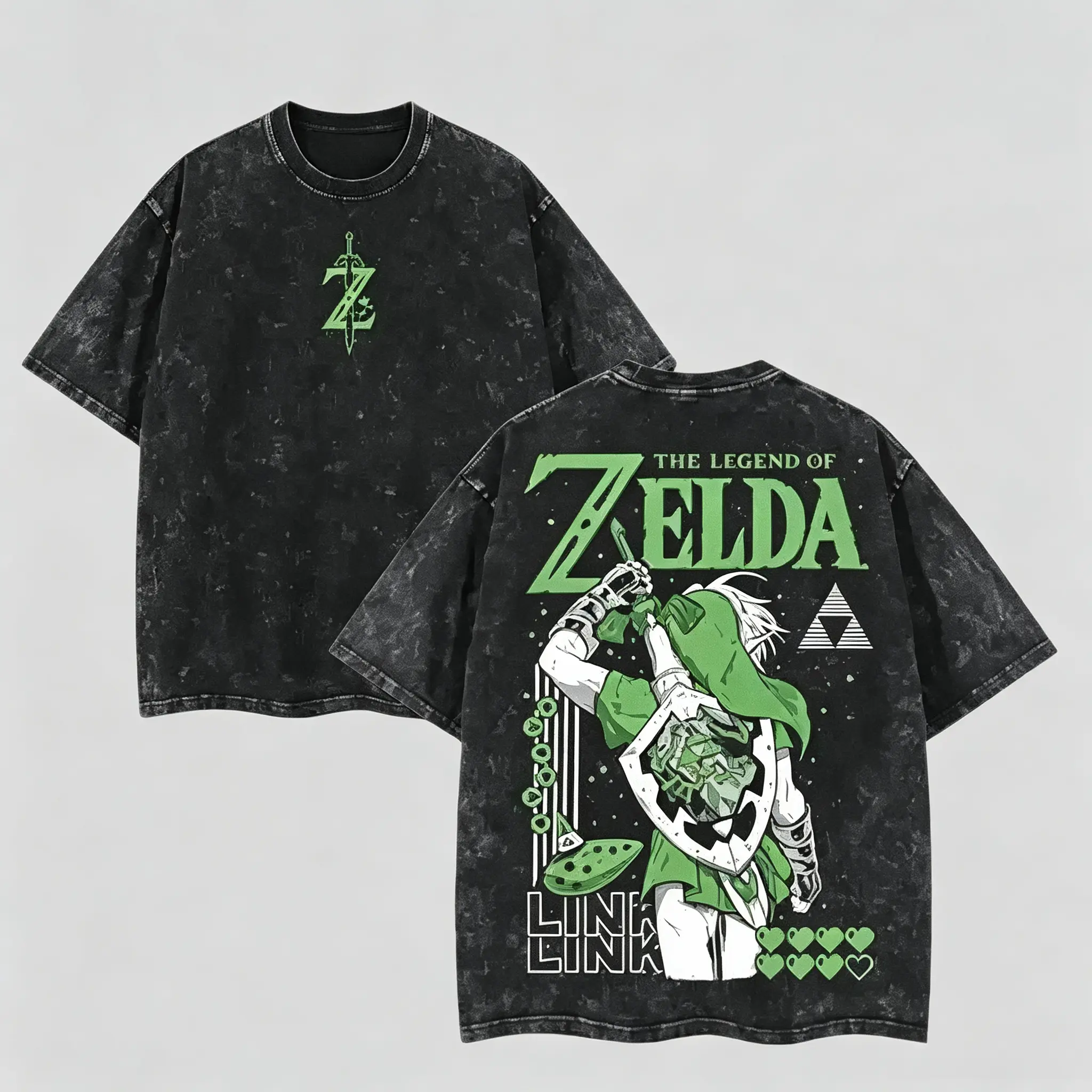 Washable Unisex T-shirt Vintage Washed The Legend of Zelda Link Graphic Tee Oversized Y2K Harajuku Streetwear Anime T Shirt Retro Acid Wash Zelda Triforce Sword Print Short Sleeve Top For Men Anime Fan Gift