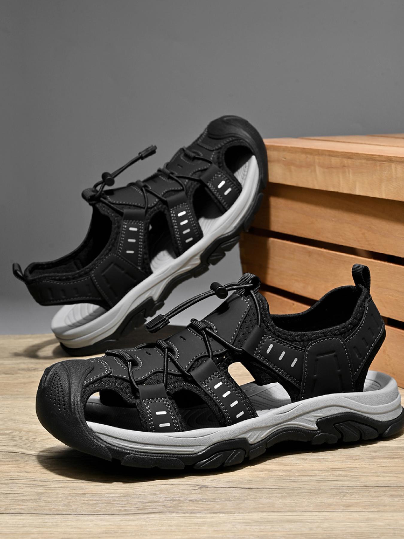 Men's Black and White Drawstring Closed-Toe Outdoor Sandals Thick-Soled Non-Slip Hollow-Out Water Shoes Breathable Durable Beach Hiking Shoes