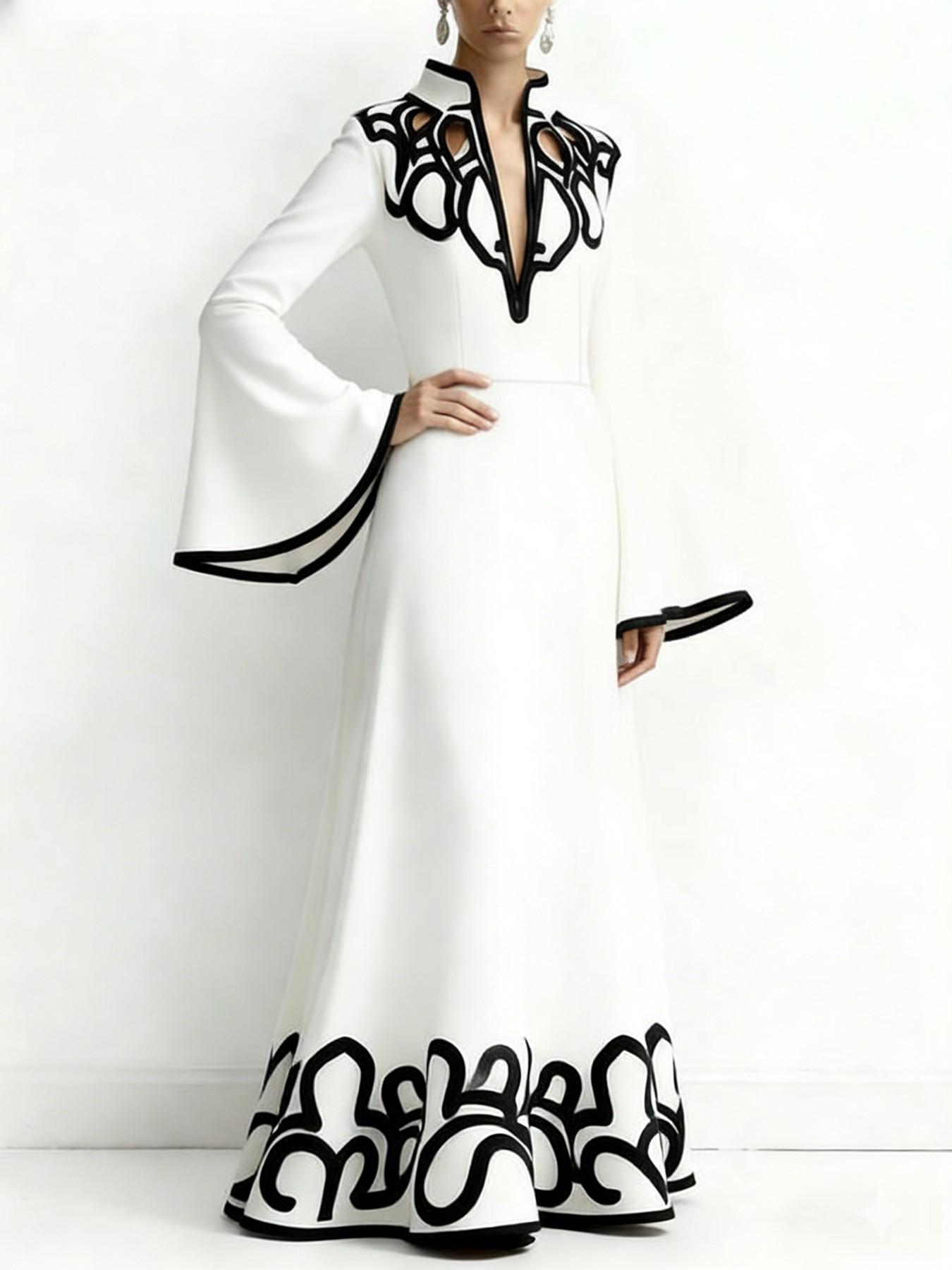 Women's A-Line Flare Sleeve Abstract Print Colorblock Cut-Out Patchwork Stand Collar Long Dress, Elegant Casual Fashion