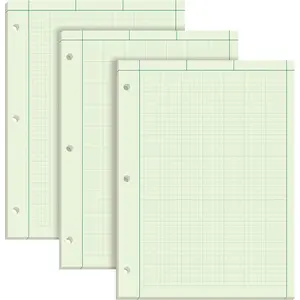 Engineering Graph Notebooks, 3 Pk Quad Ruled Pad, 8-1/2" x 11", Glue Top, 5 x 5 Graph Rule on Back, Green Tint Paper, 3-Hole Punched, 100 Sheets per Pad (35507A)