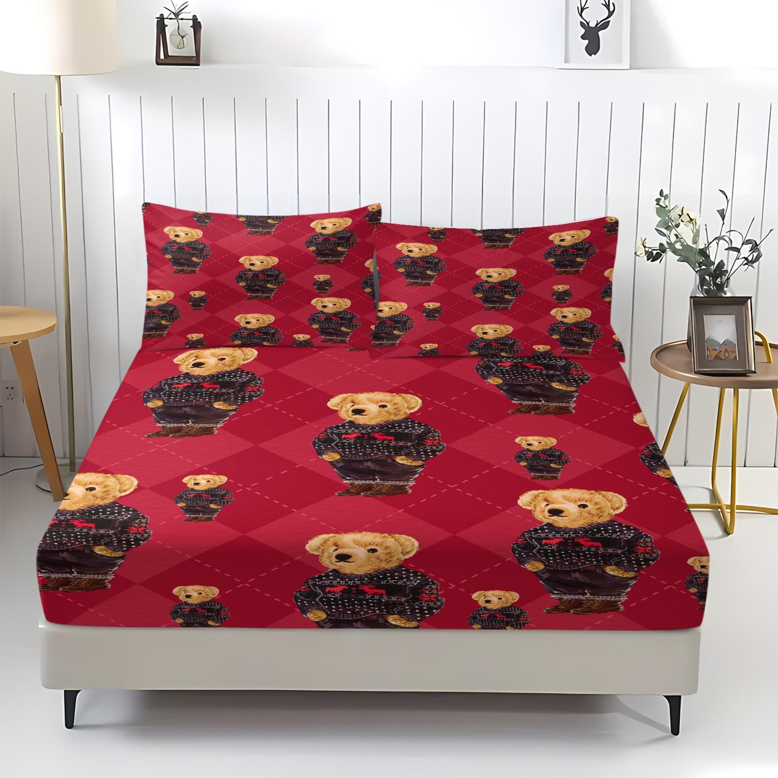 Teddy Bear Pattern Bed Sheet, Comfortable Printed Pattern, Includes 1 Bed Sheet and 2 Pillowcases, Comfortable Bedding, Non slip Dust Cover Suitable for Bedroom and Guest Room, Suitable as a Gift for Children or Adults, Bed Sheets Set