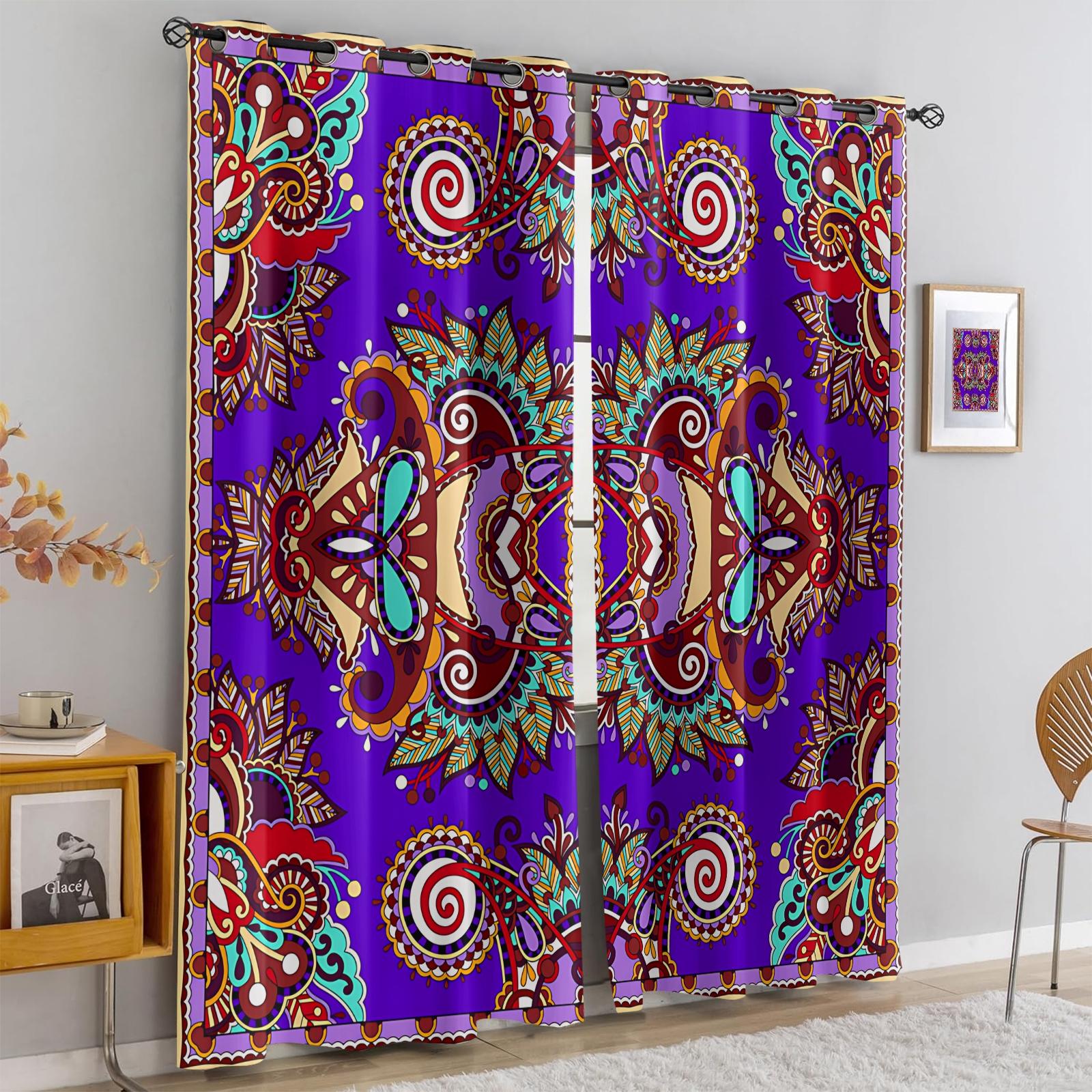 2 Panels Set Boho Paisley Digital Print Window Drapes, Vintage Ethnic Style Darkening Grommet Curtains, Thermal Insulated Privacy Blackout Drapes, Decorative Window Treatment for Living Room, Bedroom, Dorm, Home Office