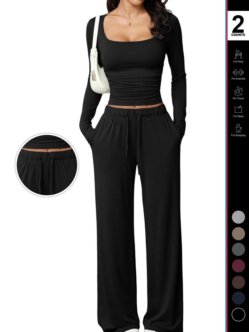 Women's 2 Piece Matching Lounge Set, Square Neck Long Sleeve Crop Top, High Waisted Wide Leg Drawstring Pants, Casual Sweatsuit