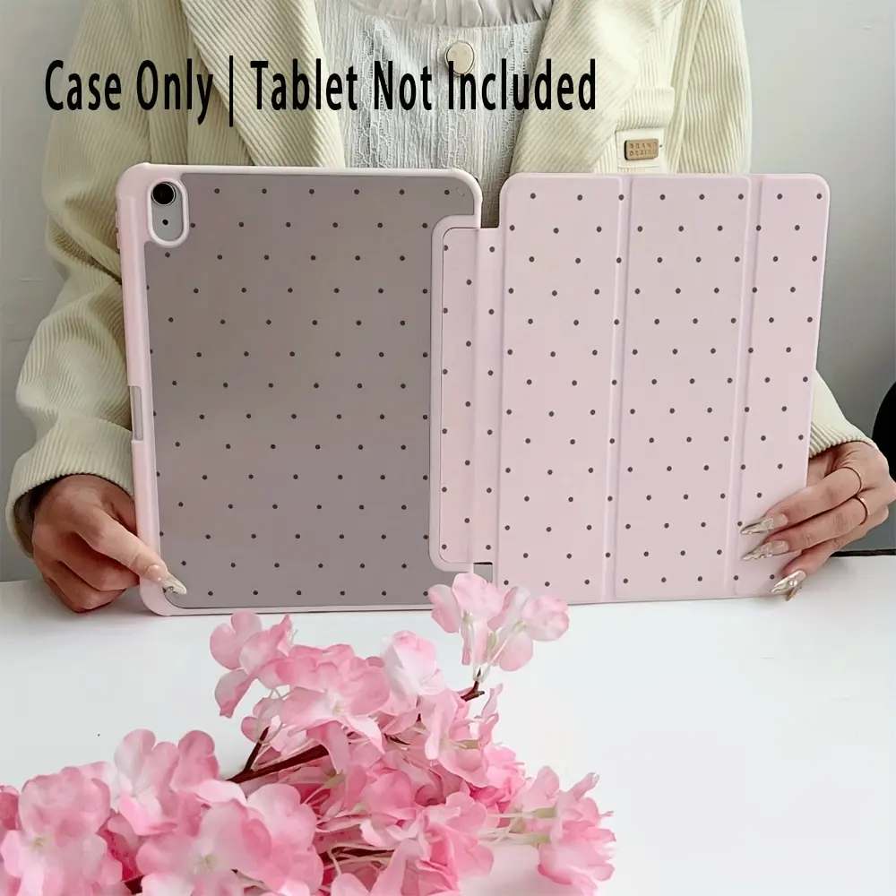 Pink-toned speckled pattern; features an adjustable stand and stylus slot; foldable, non-slip TPU protective case; compatible with Samsung, iPad mini, iPad Air, iPad Pro, iPad (10th/11th Gen), and other iPad series.