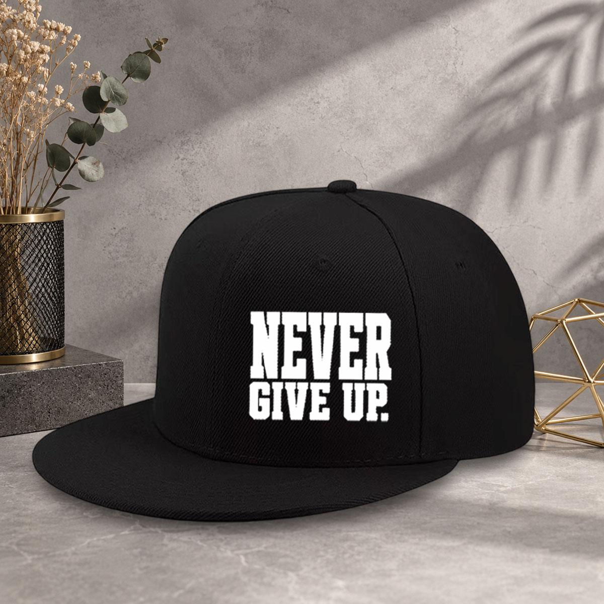 Unisex baseball cap with minimalist text "Never Give Up" printed flat brim design, multiple colors to choose from, adjustable size with code