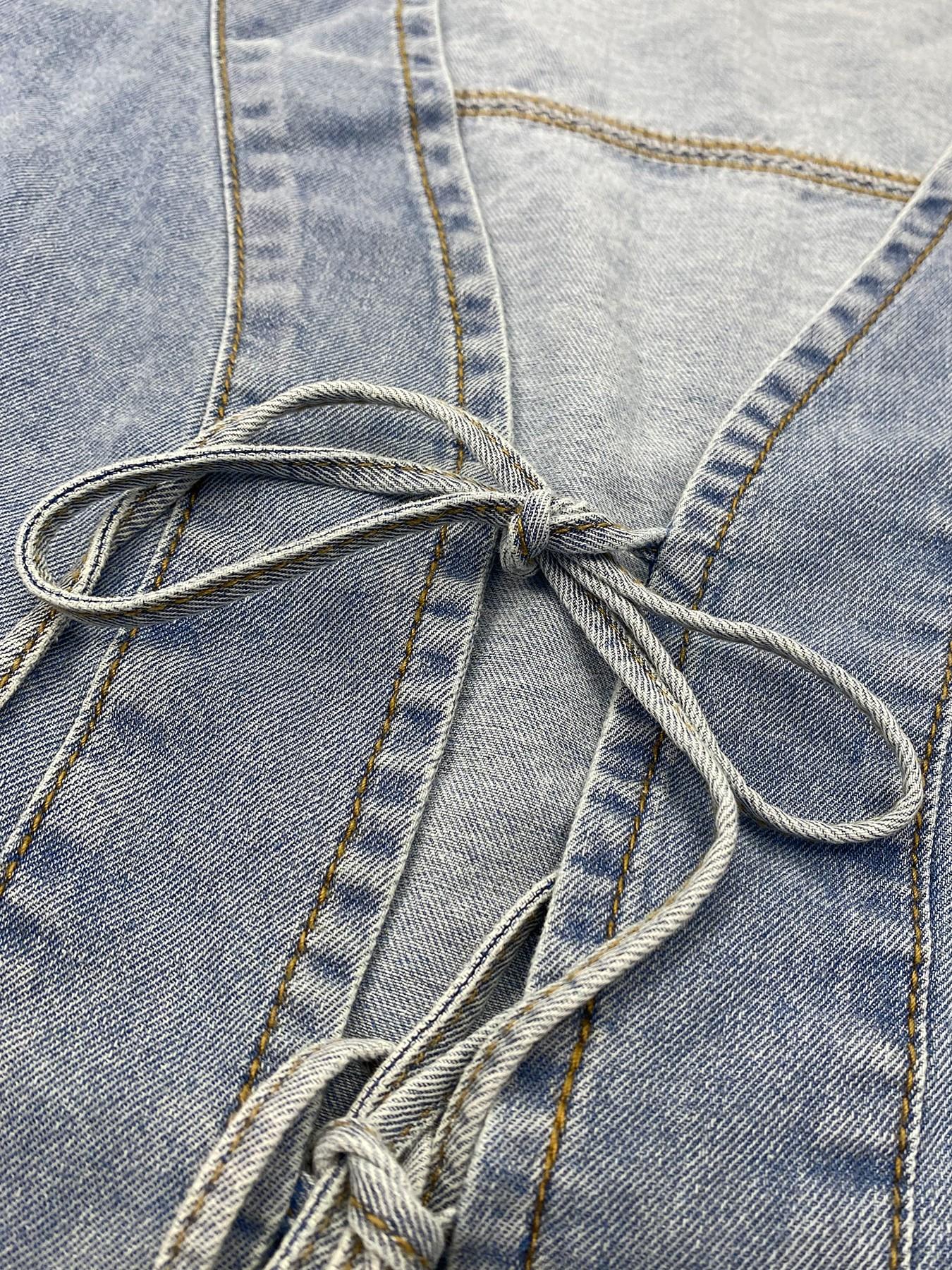 Women's Denim Two-Piece Set, Vintage Tie-Back Short Top, Wide Leg Pants, Casual Loose Fit, Summer