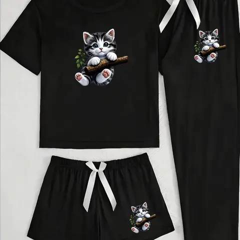 Cute Cat Three-Piece Home Set, Cartoon Pattern, Loose-Fitting Casual Wear, Pants, All-Seasons Comfortable, Ideal for Daily Use
