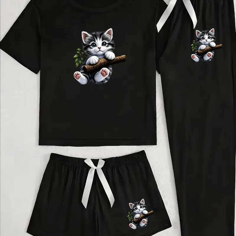 Cute Cat Three-Piece Home Set, Cartoon Pattern, Loose-Fitting Casual Wear, Pants, All-Seasons Comfortable, Ideal for Daily Use