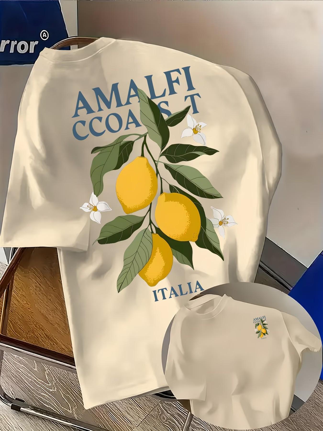 Men's Casual Amalfi Coast Lemon Print T-Shirt, Fashion Double-Sided Print, Lightweight Elastic, Regular Fit, Summer Streetwear