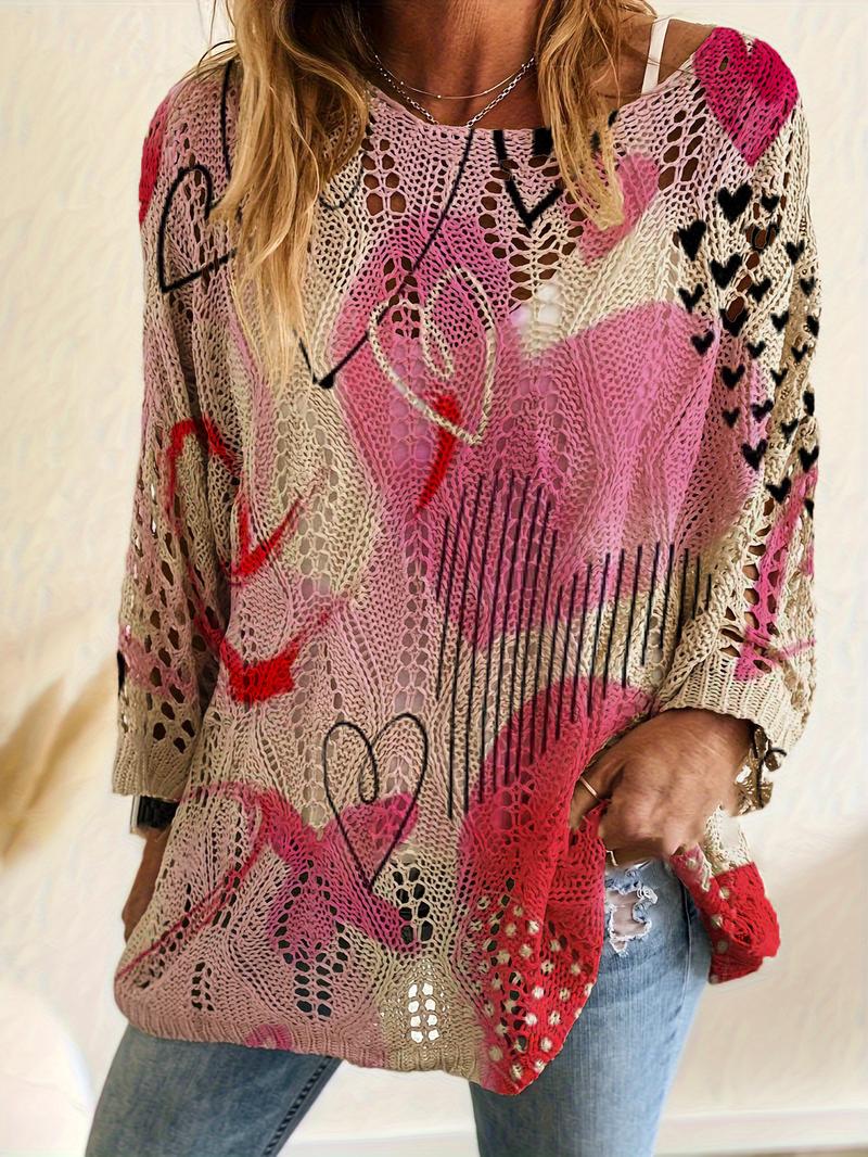 Women's Casual Knit Top, Heart Pattern Long Sleeve Sweater, Loose Fit Batwing Shoulder Design, Spring Summer Fashion