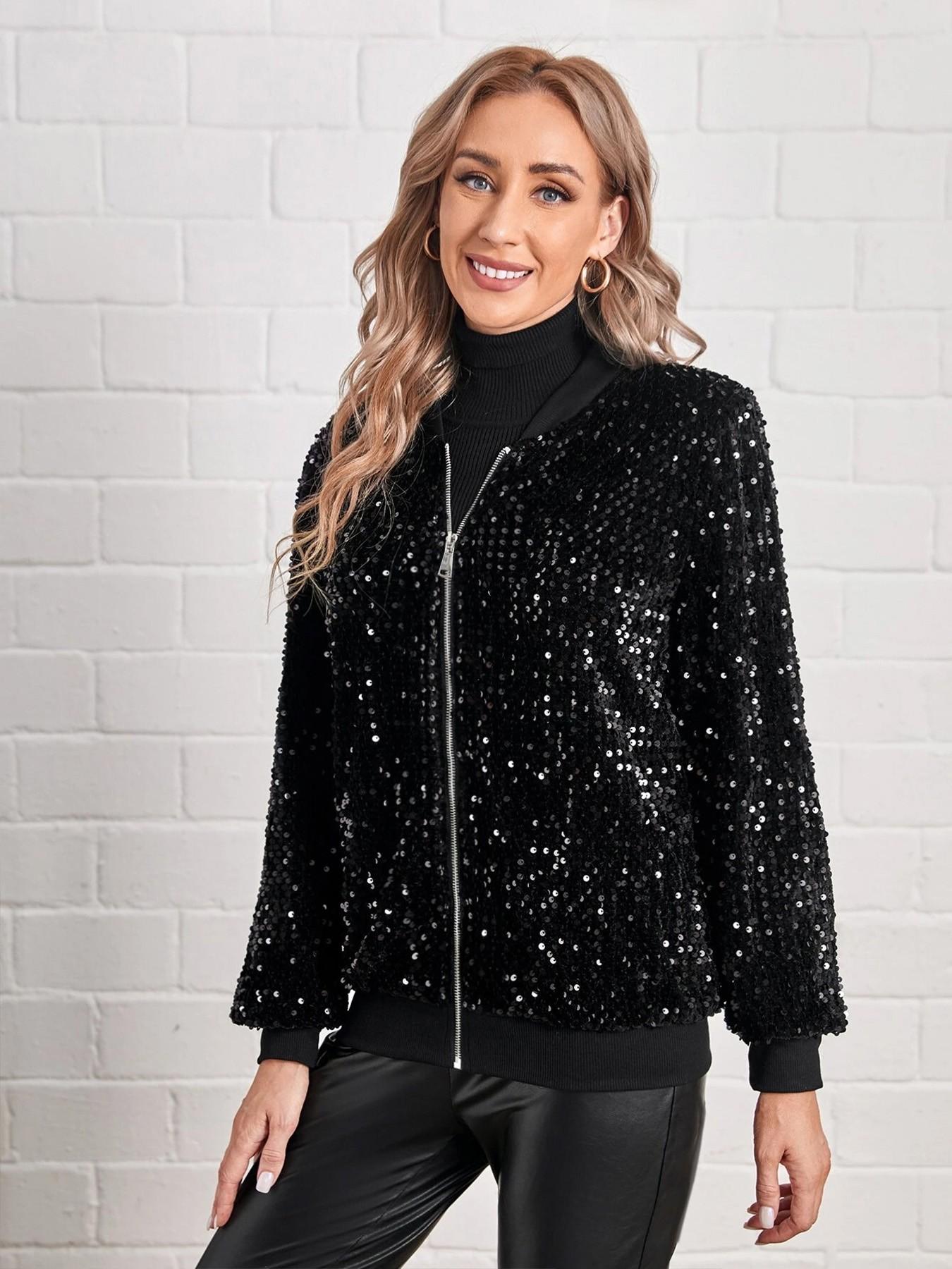 Sparkling Zipper Baseball Jacket Coat, Cool and Trendy Atmosphere, Eye-Catching and Luxurious, Perfect for Cool Party, Light Social Events, Daily