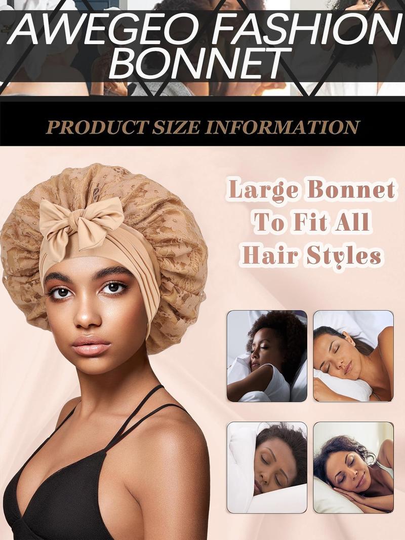 Women's Bonnet Pure Color Lace Design, Hollow Out Pattern, Double Layer Satin Sleep Cap, Non-Slip Hair Care Hat for All Hairstyles