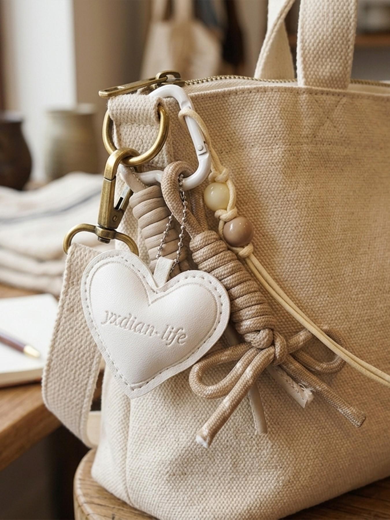 Boho Woven Heart Bag Charm Keychain, Faux Leather Heart Handbag Pendant, Aesthetic Carabiner Key Ring Accessory, Luxury Bag Decor, Perfect Birthday Christmas Valentine's Day Gift for Women Girls, Trendy Phone Charm for Backpack Tote