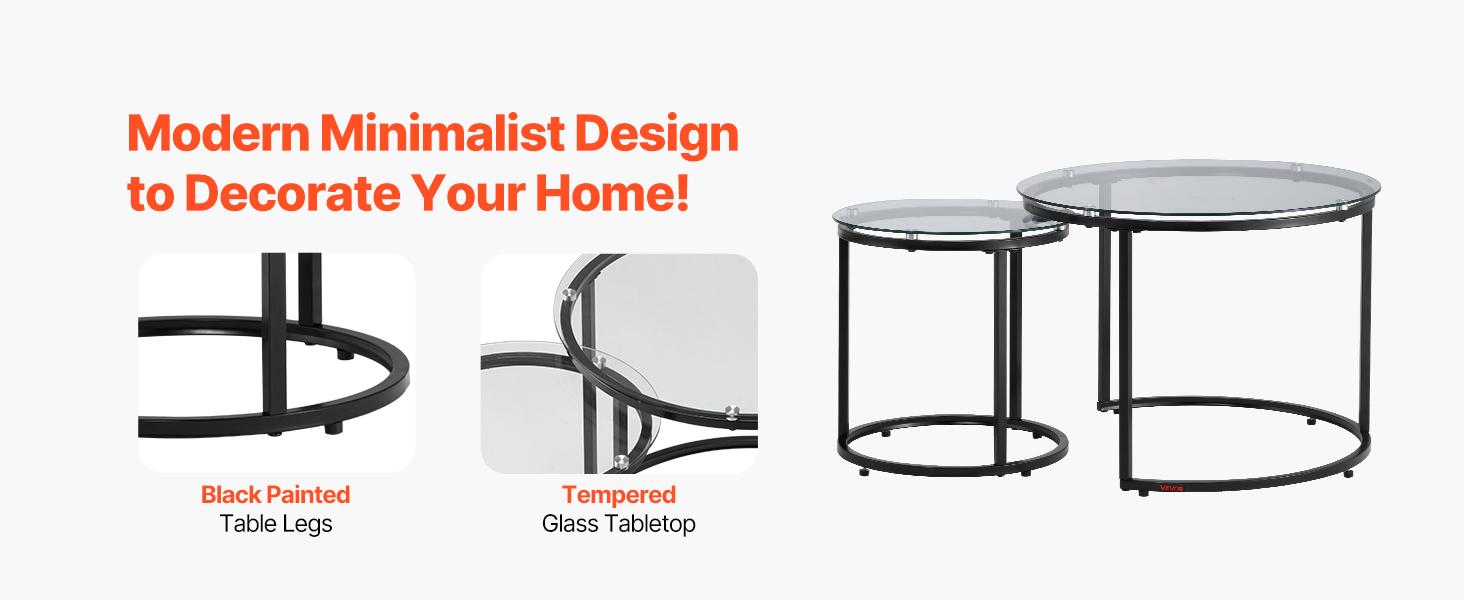 VEVOR Nesting Coffee Table Set of 2, 23.6 in Round Coffee Table, Glass Nesting Tables for Small Place, Modern End Side Tables Night Stand with Metal Frame, for Living Room, Bedroom, Balcony, Office